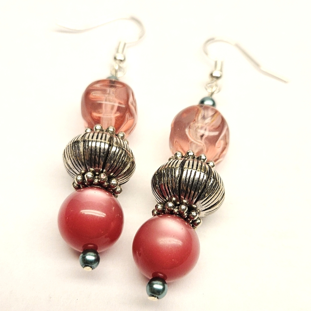 Pink and Green Beaded Earrings